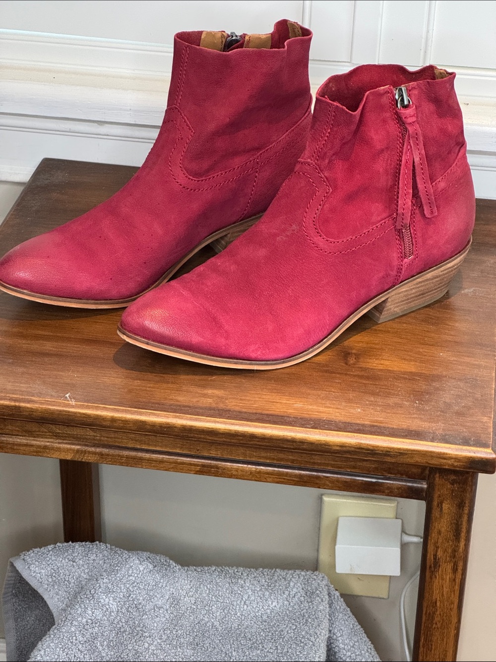 FRYE AND CO. Red Suede Ankle Booties with Side Zip and Low Heel